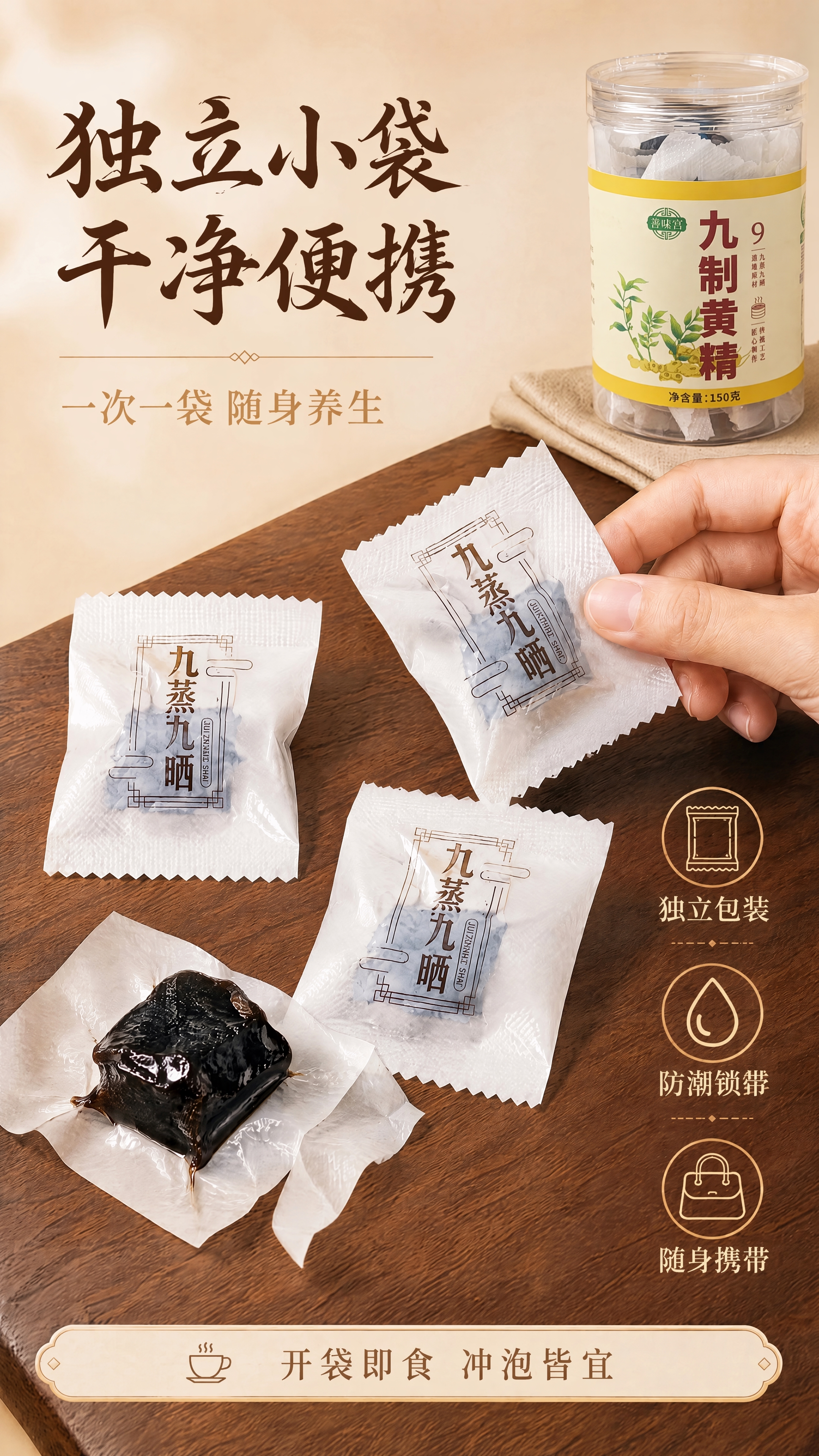 将图1右上角的金色盖子玻璃罐黄精产品，替换为图2中的透明塑料盖… - 图片创意预览