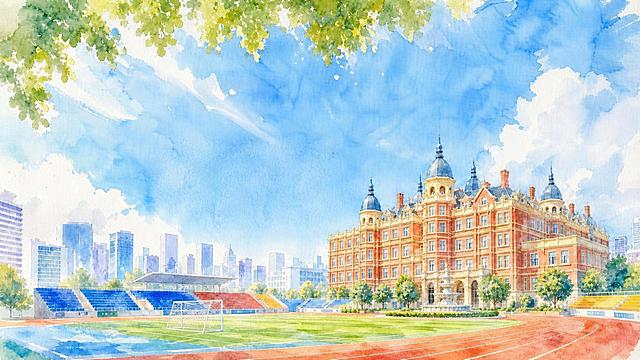 去除画面中的"青春校园 开学季"白色文字及装饰线条，用周围的蓝天白云水彩背景自然填充，保持水彩画风格统一，画面干净完整，建筑、跑道、足球场、城市景观和树叶均保持不变