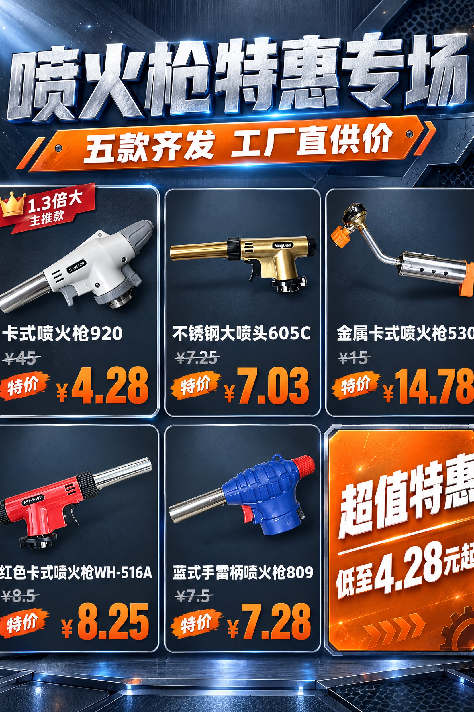 电商促销海报，喷火枪五金工具专场，工业风深灰蓝色调。 画面顶部… - 图片创意预览