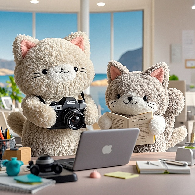 可爱猫咪拟人化，手持相机与书本，展现柔软卡通风，营造温馨办公氛围。