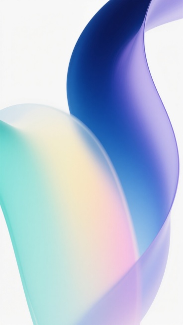 一幅具有流动感的抽象背景图，画面中是流畅飘逸的彩色曲线，呈现出从深蓝向湖蓝过渡，再到薄荷绿、浅黄、淡粉、藕荷紫的渐变配色，整体色调清新柔和，带有磨砂玻璃般的半透明质感，曲线边缘有轻微的模糊虚化效果，背景为纯白色，营造出宁静而梦幻的氛围。预览效果