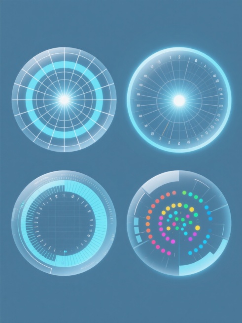 一组四个完全不同造型的科技感扫描元素内容的系列素材集合，每个元素都采用半透明蓝色调与白色网格线条构成的圆形扫描界面风格，包含中心光点、放射状网格线、数值刻度和彩色数据光点，保持原图的渐变光效和透明质感，四个元素规整排布在纯色背景上，整体呈现出一致的未来科技感和数据分析的视觉语言。预览效果
