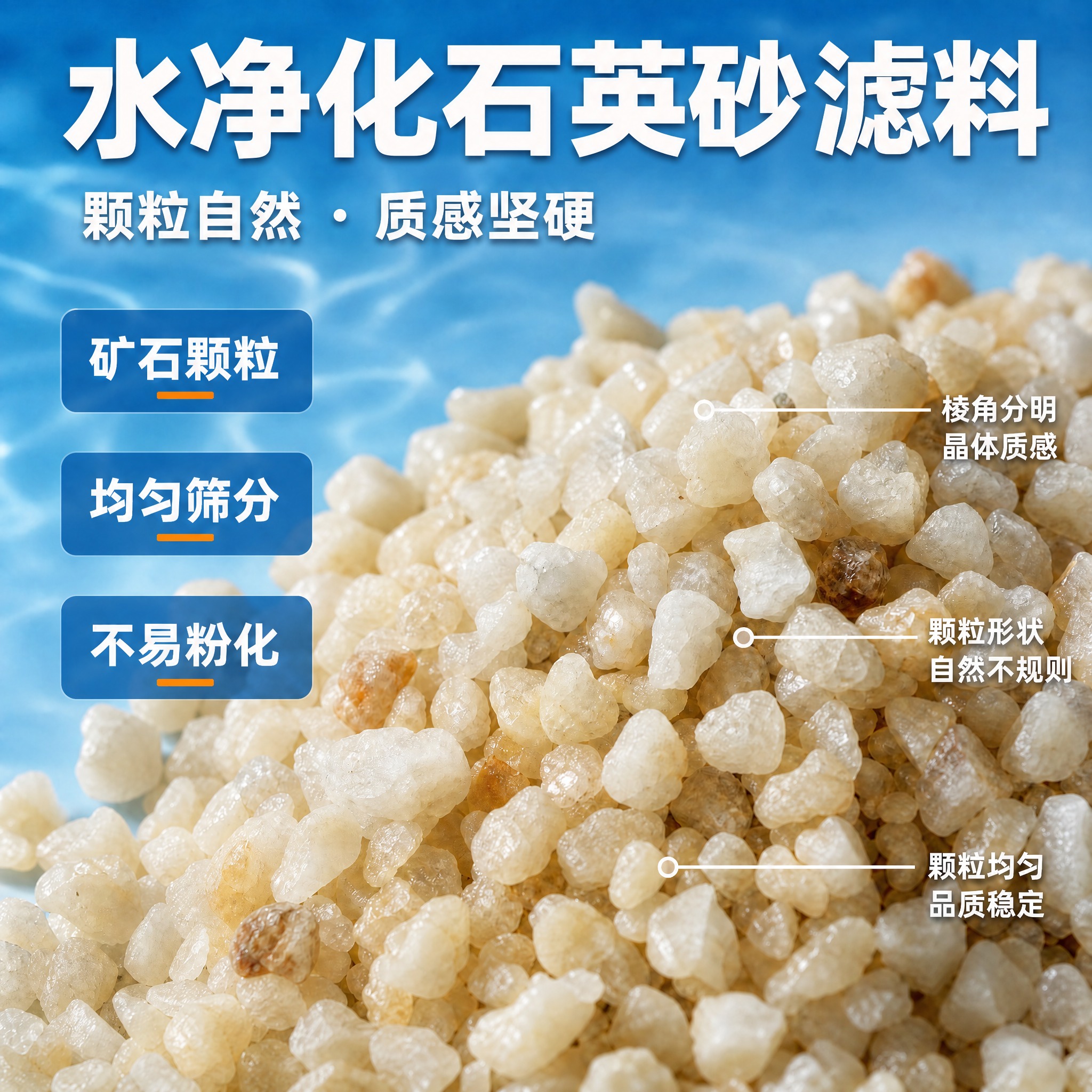 将图片顶部的大标题文字从「偏黄色石英砂滤料」修改为「水净化石英… - 图片创意预览