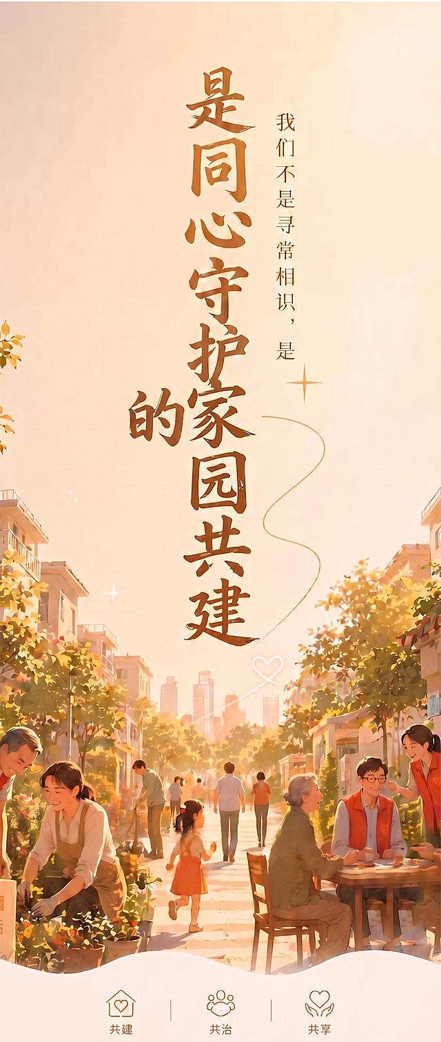 将图中竖排主标题文字“是同心守护家园共建”修改为“是同心守护的家园共建”，保持原有书法字体、棕金色、竖排排版和整体画面风格不变，其余画面元素、人物、背景、底部图标文字均保持原样