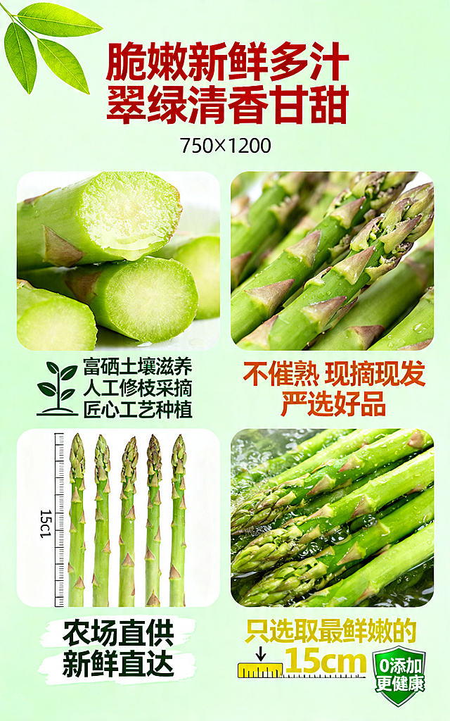 详情页核心卖点图，尺寸750×1200。纯淡绿色背景，左上角点缀3片芦笋嫩叶矢量图。4张芦笋细节图分4个角落排布，每张图占比15%：左上角芦笋鲜嫩切面图展示多汁果肉，右上角人工采摘芦笋特写图，左下角15cm长度芦笋对比尺图，右下角芦笋清洗后翠绿成品图。文字卖点分块放置与配图呼应：顶部居中红色加粗字体写着"脆嫩新鲜多汁 翠绿清香甘甜"；中部左侧深绿色字体搭配种植图标写着"富硒土壤滋养 人工修枝采摘 匠心工艺种植"；中部右侧橙色字体突出新鲜写着"不催熟 现摘现发 严选好品"；底部左侧白色字体浅绿底纹写着"农场直供 新鲜直达"；底部右侧黄色加粗字体搭配标尺图标写着"只选取最鲜嫩的 15cm"；右下角绿色字体搭配盾牌图标写着"0 添加更健康"。整体布局清晰，卖点突出。
