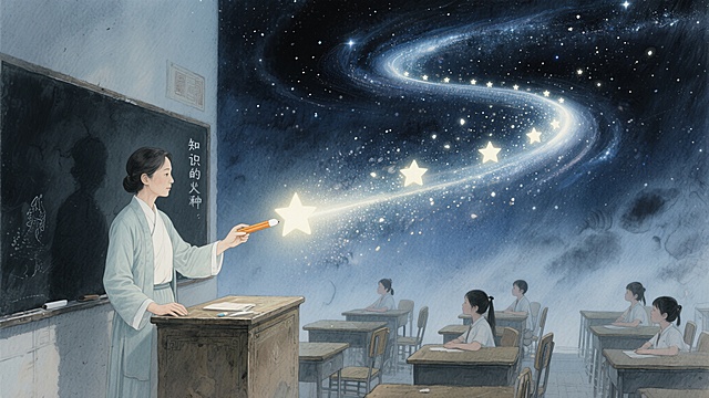 水彩风插画，超现实主义课堂，老师用粉笔点亮星空，梦幻感十足。