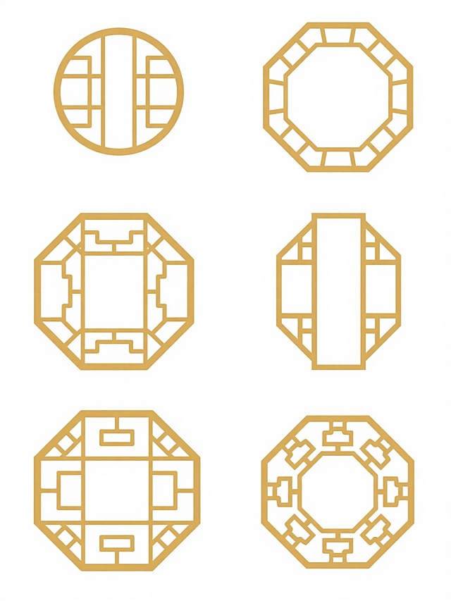 六款中国传统镂空雕花窗棂图案，圆形与八边形造型，金色线条勾勒，精致几何纹样，对称构图，白色背景，简约现代设计风格，线条流畅均匀，镂空通透感，传统中式元素，装饰性图案，矢量插画风格，清晰边缘，无文字。