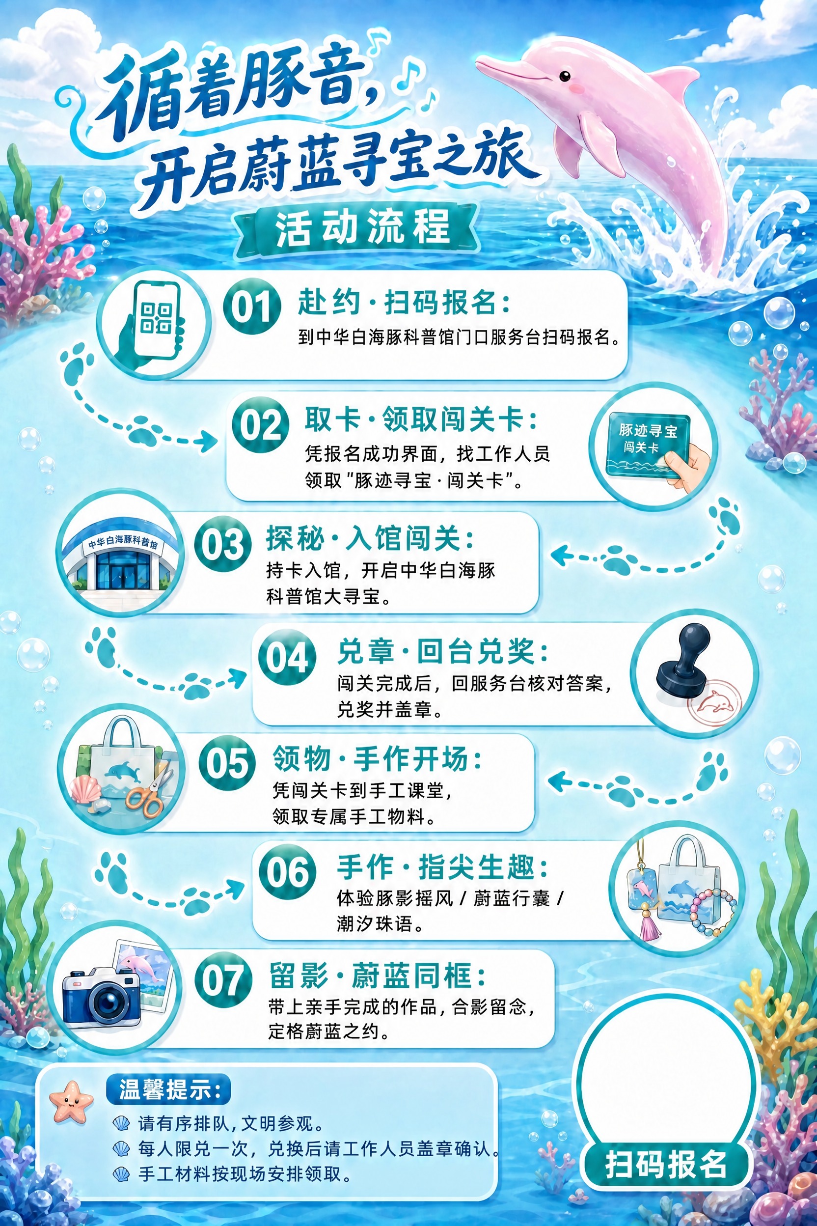 基于参考图，修改第01步"赴约·扫码报名"的说明文字：删除括号… - 图片创意预览
