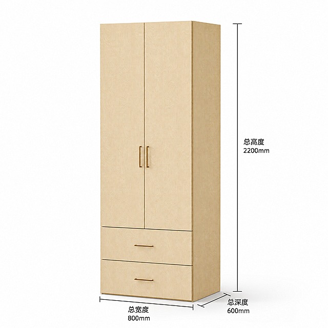 产品精修，产品置于纯白背景上，专业商业棚拍光，5500K标准中性白光，轮廓光，体积光，曝光正确，强烈真实立体感，标准透视校正，正常透视焦段，保持前侧视图机位，接地处保留干净浅淡的自然接触阴影，严禁大片投影、脏灰阴影和悬浮感，主体居中，商品完整入画不裁切，商品外轮廓视觉体量约画面60%-80%，四边均匀留白约10%-20%，严禁满幅铺满与贴边顶满，极致超清画质，细节清晰锐利，商业级实拍质感，保留原图真实材质与结构细节，提升商品洁净度和商业新品感，清除旧痕、灰暗、脏斑和不均匀色块，保留原图颜色分区、材质色相、结构和功能细节，禁止整体提亮改色，锁定原图商品颜色，颜色以输入图为唯一参考，分段部件颜色边界按原图锁定，锁定原图商品轮廓、件数、部件位置、连接关系、标签文字和可见功能细节，只做精修不重绘结构，几何线条笔直，层数、抽屉、隔板、门板、把手位置与原图一致，无多余标签，锁定扣件、把手等敏感细节的颜色、材质、形状、位置、数量和连接关系，木质质感自然，木纹方向清晰，深浅层次丰富，结疤细节和原有光泽真实，在柜体正面用黑色标准字体清晰标注尺寸：总高度2200mm、总深度600mm、总宽度800mm，标注文字工整清晰，前侧视图，比例1:1