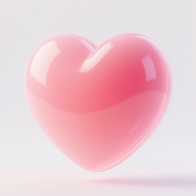 一颗巨大的、圆润饱满的3D立体心形，整体呈现柔和的粉桃色渐变效果，从中心较深的桃红色自然过渡到边缘的浅粉色，表面光滑细腻，带有轻微的半透明果冻质感，仿佛有柔和的光线从内部透出，形成自然的高光和阴影，营造出温暖、甜蜜、梦幻的氛围，背景为纯白色，突出心形主体的纯净与可爱。预览效果