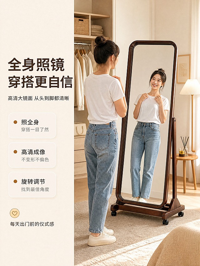 [商品] 使用【图1】深棕色实木框全身落地镜；保留整体结构、深棕色实木材质、滚轮、旋转支架与底座形态。商品处理：保留产品原貌，镜面中需反射出人物身影，反射比例与角度符合真实光学原理，不改变产品结构和颜色。
[画面] 页面目标：真人使用沉浸体验，展示女性在镜前整理穿搭的真实使用态，传递照全身的使用价值。右景左文构图，右侧约2/3为场景，左侧约1/3为文案区。产品位于场景中央偏右，正面略侧角度，占画面约45%。一位亚洲年轻女性（25-30岁，休闲穿搭，白T恤+牛仔裤）站在镜前侧身整理衣领，面向镜子，镜中清晰反射出她的全身影像与微笑表情。背景是北欧风衣帽间/卧室角落：浅色衣柜、挂着的几件衣服、小边几上的香薰蜡烛、地面米色地毯、暖光落地灯，午后自然光从侧面照入。
[视觉] 套系策略：风格=温馨北欧风商业摄影；标题字=现代无衬线粗体（思源黑体风格）；正文字=简洁无衬线体；主色=深棕木色；背景延展=基于深棕木色做米白、浅棕、暖灰的同色系深浅层级与细腻纸/木材质感；强调色=暖焦糖色，仅用于小面积图标、引线、胶囊标签和数字高亮；标题色=深炭棕；正文色=中暖灰；组件=圆角浅底信息卡、细线引线、圆点列表符号；光影=侧前方午后暖柔光，人物与镜子都有柔和光影，镜面反射真实自然，地面有柔和接触阴影。
[文字] 左侧竖列：主标题「全身照镜 穿搭更自信」，副标题「高清大镜面 从头到脚都清晰」。下方3条体验亮点带圆点符号：照全身 穿搭一目了然、高清成像 不变形不偏色、旋转调节 找到最佳角度。底部有「每天出门前的仪式感」小字文案。文字不遮挡人物和镜子主体。
[规格] 比例3:4竖版，4K，避免变形、错字、文字过小、冷蓝/蓝灰背景、人物面部扭曲、手部畸形、镜面反射失真、产品颜色改变、水印、平台Logo。