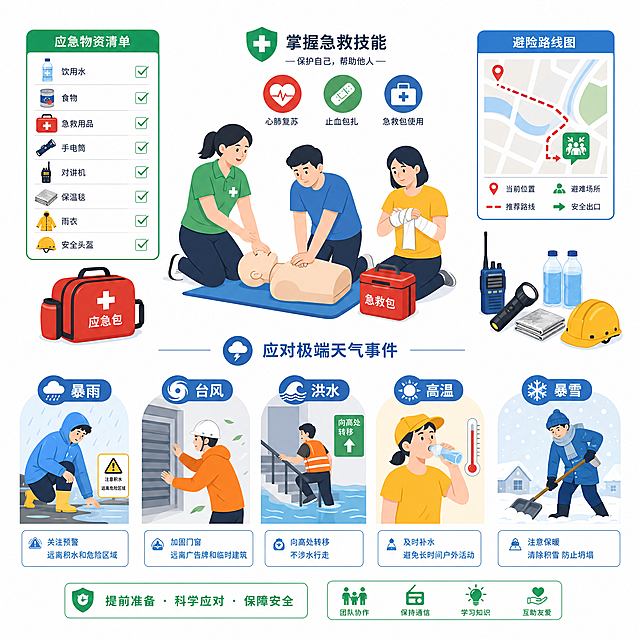 2D简约扁平插画，纯白色背景，人们学习掌握应对极端天气事件的各类急救技能和措施
