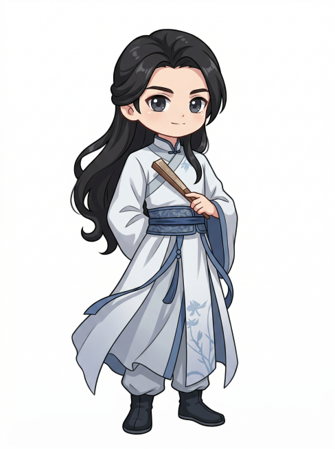 把图1的古风男性人物，改成图2的Q版卡通风格，保持人物原来的白色蓝边古装服饰和折扇，整体为Q版可爱形象，白底预览效果