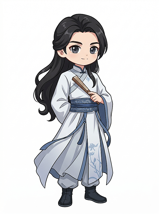 把图1的古风男性人物，改成图2的Q版卡通风格，保持人物原来的白色蓝边古装服饰和折扇，整体为Q版可爱形象，白底