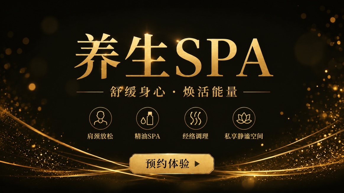 基于原图，保留所有文案内容不变，将背景更换为图二的黑金闪粉金线背景，保留图二的黑色底金色弧线闪粉效果。重新设计排版，将主标题“养生SPA”居中放大放置，副标题“舒缓身心 · 焕活能量”放在主标题下方居预览效果