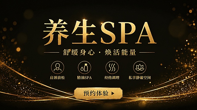 基于原图，保留所有文案内容不变，将背景更换为图二的黑金闪粉金线背景，保留图二的黑色底金色弧线闪粉效果。重新设计排版，将主标题“养生SPA”居中放大放置，副标题“舒缓身心 · 焕活能量”放在主标题下方居中，四个卖点图标横向居中排列在副标题下方，“预约体验”按钮放在整体文案最下方居中，整体排版居中对称，更简洁大气。保持所有文字为鎏金色，和背景黑金风格统一，文字清晰可读，比例16:9不变，超高清4K分辨率。