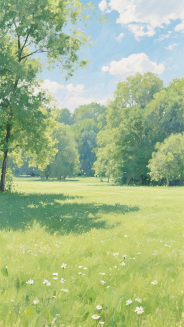 一幅印象派风格的户外风景油画，画面中是一片开阔的绿色草地，草地上点缀着零星的白色小花，远处是茂密的树林，树木的枝叶在阳光的照射下呈现出丰富的绿色层次，天空中飘着几朵白云，阳光透过树叶在草地上投下斑驳的光影，整体色调明亮清新，充满了生机与活力，给人一种宁静而惬意的感觉。预览效果