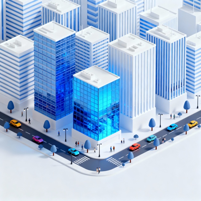 极简城市模型视觉，浅蓝白色调为主，等距视角的城市建筑群，核心是几座蓝白相间的高楼，部分高楼为亮蓝色玻璃质感，街道上有彩色车辆行驶，分布着行人、树木与路灯，整体清新具设计感，突出城市规划的秩序感与现代感预览效果
