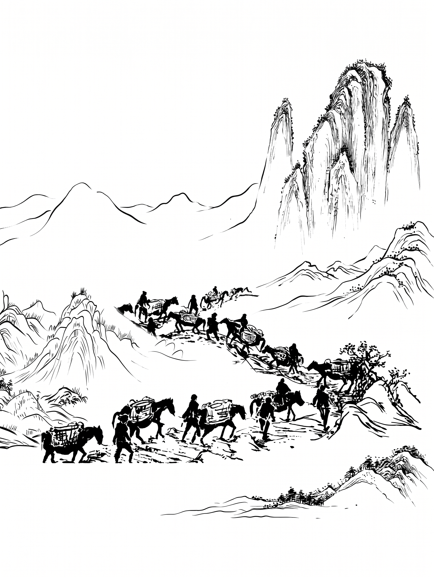 去掉图中所有文字，保留人物马匹，把山脉转换成水墨线条画，整体内… - 图片创意预览