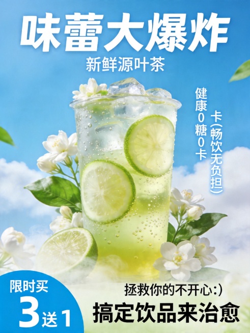 清爽风青柠茉莉茶饮促销海报。主体为透明杯装青柠气泡茶：杯内盛放青柠片、冰块与淡黄绿色气泡茶汤，杯身带有冰凉水珠质感，杯子周围环绕新鲜茉莉花、绿色叶片与轻柔云雾元素。背景是澄澈蓝天与柔软白云，营造整体清预览效果