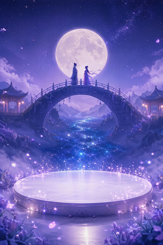星空紫渐变银河蓝的梦幻夜空背景，乳白月轮悬挂天际，远处有一座鹊桥横跨星河，桥上站着牛郎织女二人相望。画面正前方有一个白色圆形展台，展台周围漂浮着淡紫色粒子光尘，桥底下方流动着深蓝色的璀璨星河，整体画面浪漫唯美，仙气缥缈，光影柔和，高细节，电影级质感