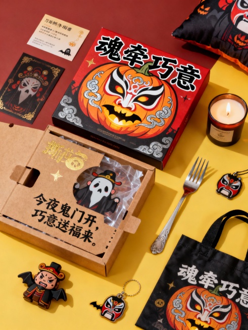 国潮暗黑风万圣节巧克力包装，主图案为南瓜灯融合京剧净角脸谱，南瓜纹替换为中式云纹，灯芯处暗藏蝙蝠剪影，主色调朱红、明黄、墨黑搭配少量烫金/银，字体为书法体加粗黑边，如“魂牵巧意”，材质为特种牛皮纸局部预览效果