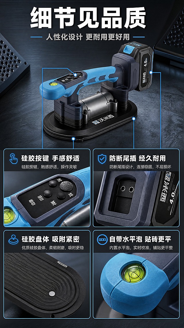 [商品] 使用【图1】+【图3】沃米西吸盘型瓷砖平铺机；保留蓝灰机身、蓝色手柄、硅胶按键、防断尾插、硅胶盘体、水平泡、沃米西Logo、电池标识；本张做细节微距放大。
[画面] 目标：细节微距展示，四大贴心设计细节。构图：上方40%为产品整体斜视图（产品居中，占画面35%），下方60%为2×2四宫格细节放大图，每格一个细节特写，用蓝色引线从产品对应部位引出；四格细节：左上-硅胶按键面板特写（档位/吸气/放气按键清晰）、右上-防断尾插电池接口特写、左下-硅胶吸盘盘体纹理特写、右下-手柄顶部绿色水平泡特写。
[视觉] 套系策略：风格=五金工具专业工业商业摄影；标题字=粗黑无衬线工业字体；正文字=简洁无衬线体；主色=深炭灰+工业蓝；背景延展=基于深炭灰做深浅渐变、金属拉丝质感、冷调工业环境；强调色=荧光科技蓝，仅用于小面积图标、引线、数据标签和局部光效；标题色=纯白；正文色=浅灰蓝；组件=深色半透明信息卡、蓝色细线引线、工业风图标；光影=左前侧冷硬光+右侧轮廓光，突出金属质感与体积感。
[文字] 顶部主标题「细节见品质」（5字），副标题「人性化设计 更耐用更好用」（10字）；四宫格每格标题：「硅胶按键 手感舒适」「防断尾插 经久耐用」「硅胶盘体 吸附紧密」「自带水平泡 贴砖更平」；文字全部横排。
[规格] 图片比例9:16竖版，4K分辨率，淘宝/天猫详情页适配，中文文案；避免变形、错字、文字过小、产品颜色改变、结构失真、极限词、虚假宣传。