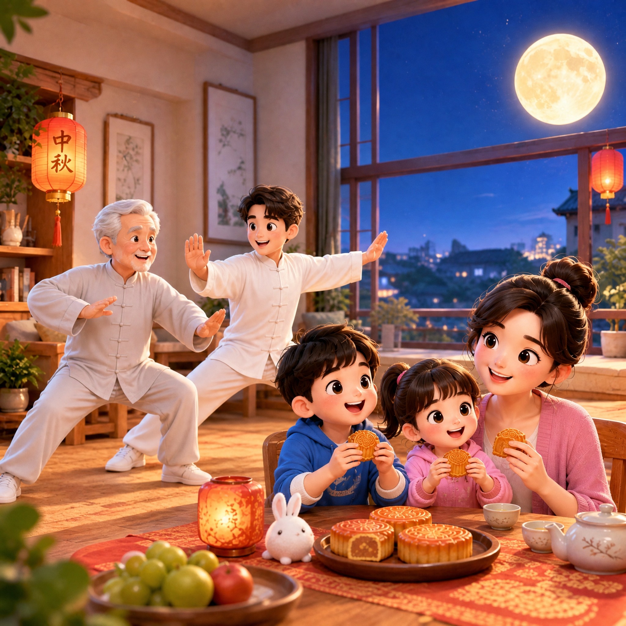 中秋团圆家庭赏月卡通海报。画面呈现一家三代在中秋夜吃月饼赏月的… - 图片创意预览