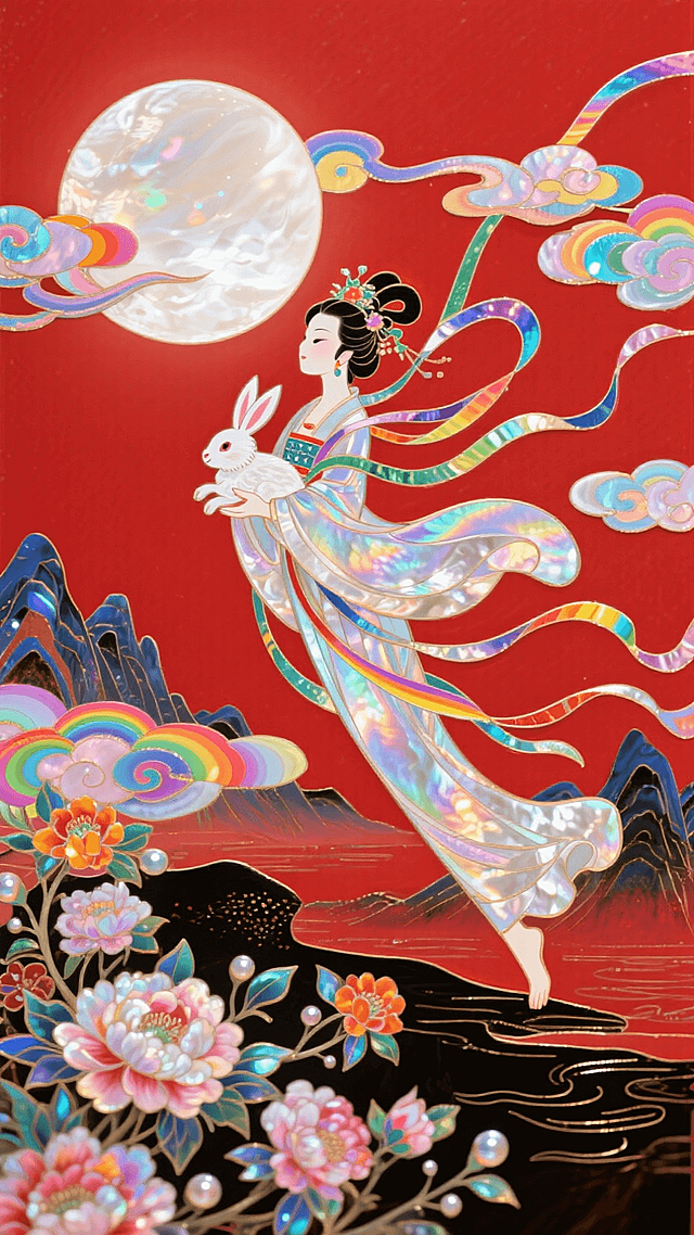 日漫风格，嫦娥怀抱玉兔奔向一轮圆月，衣摆飘逸。周围环绕着祥云和盛开的花朵，背景山脉，红色底色，非常规的动态构图