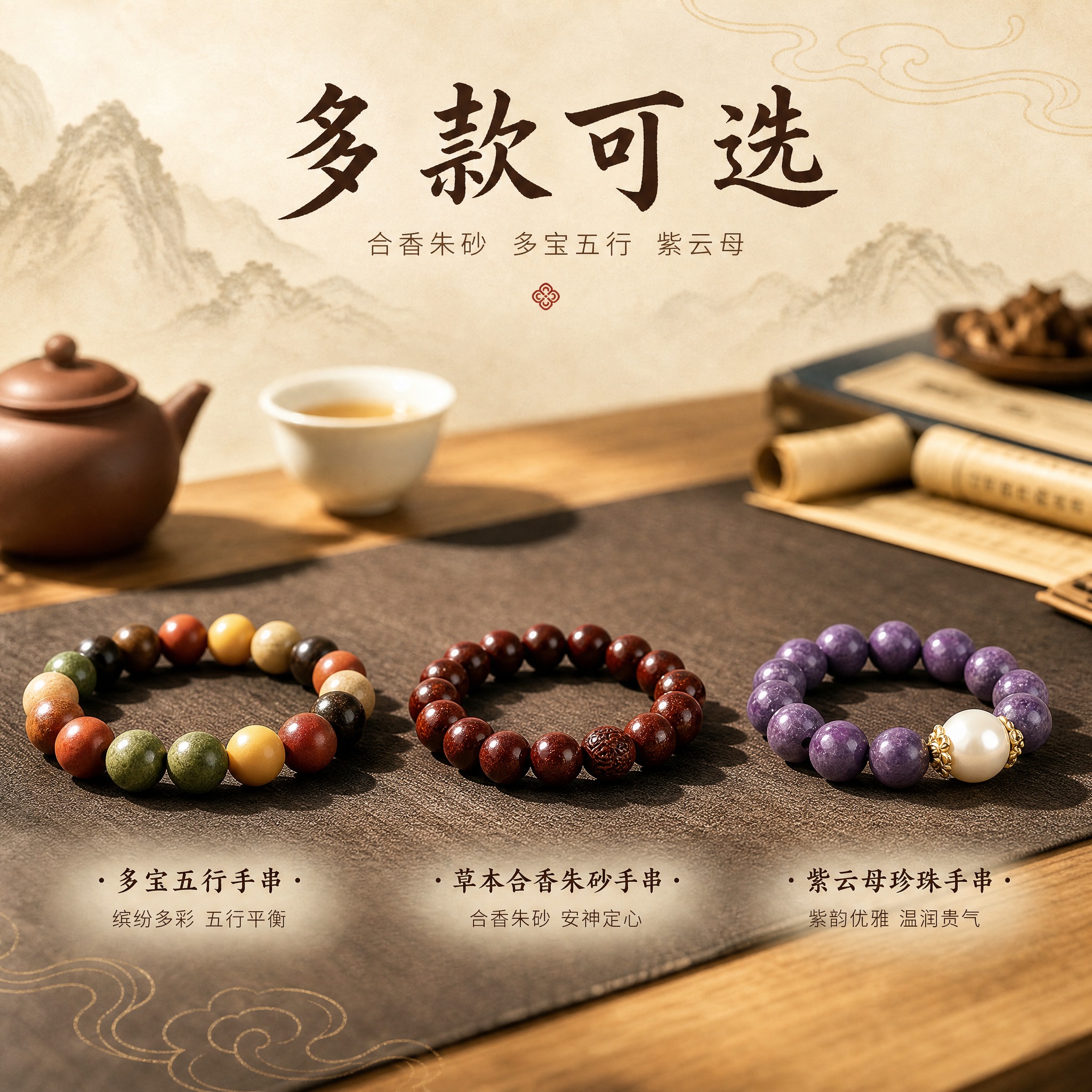 [主图-5] 多款式展示，呈现不同材质配色的手串系列，丰富SK… - 图片创意预览
