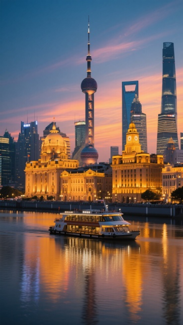 上海外滩夜景，东方明珠电视塔与古典欧式建筑群交相辉映，暖黄色灯光照亮历史建筑的穹顶与钟楼，江面倒映着建筑灯光与天空渐变色晚霞，远处现代高楼林立，一艘游船静泊于波光粼粼的水面，整体呈现写实风格，色彩以深蓝、橙黄、暖白为主，光影层次分明，营造出繁华而静谧的都市黄昏氛围。预览效果