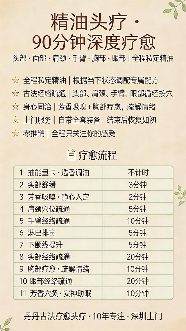 基于原图修改，仅去掉主标题中的"古法"二字，主标题改为："精油头疗 · 90分钟深度疗愈"，其余所有文字内容、排版布局、颜色风格全部保持不变，不做任何其他修改。保证修改后主标题文字清晰，和背景搭配协调。