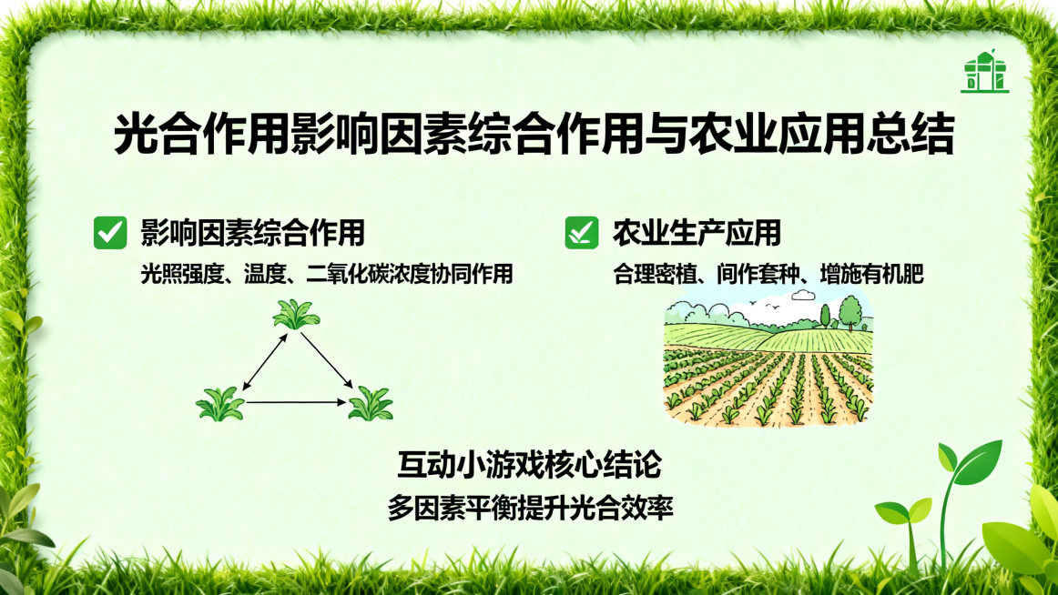 生成光合作用影响因素互动小游戏总结页，总结各因素综合作用和农业生产应用，风格和整套PPT统一，绿色教学风预览效果