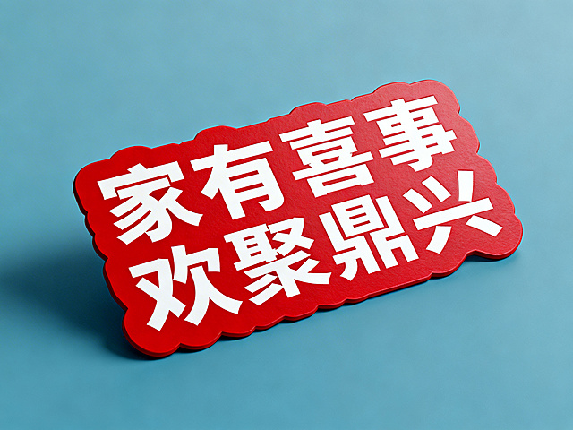 红底白字异形KT牌，无背景可直接印刷，内容为“家有喜事 欢聚鼎兴”，无标点符号