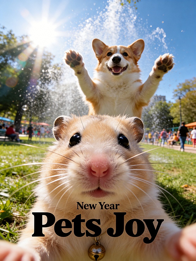 画面底部正中央排版着黑色的粗体小写英文单词“Pets Joy ”，字体风格复古且具有设计感，其上方紧随极其微小的无衬线英文“New Year”。画面采用极具冲击力的超广角鱼眼镜头自拍视角。前景占据视觉主导的是一只仓鼠头特写（仓鼠为图1的猫），呈现出强烈的透视变形感。仓鼠双眼圆睁，瞳孔呈清澈状，直视镜头，面部毛发丝丝分明，胡须挺翘，带小铃铛，展现出极度逼真的宠物摄影质感，像以仓鼠自拍角度进行拍摄。背景中清晰可见一只将两只前爪高高抬起的柯基（图2的狗狗），看着镜头，与前景淡定的仓鼠形成极具幽默感的互动反差。背景环境是热闹的公园草地，到处弥漫着水雾，在阳光照射下产生丁达尔效应。整体光影为自然日光，色彩鲜艳，兼具时尚杂志大片与趣味网络迷因（Meme）的视觉风格，8K超高清画质，极致的清晰。