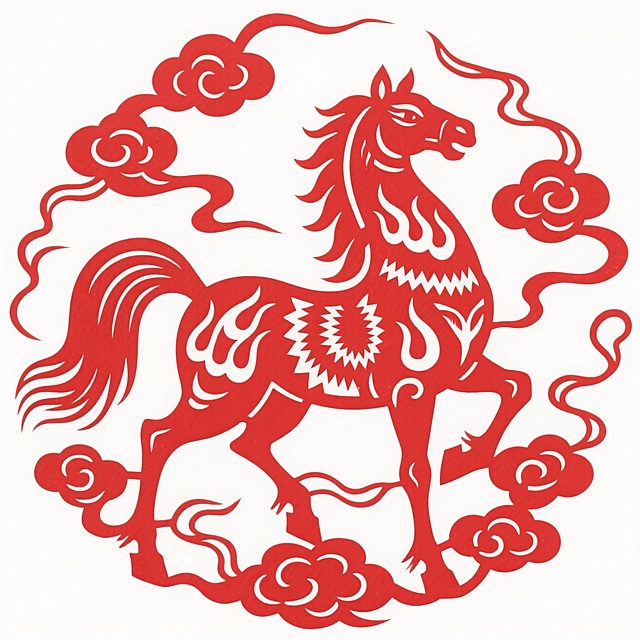 生肖马图腾，红色镂空骏马造型呈腾云驾雾姿态，马身装饰火焰纹与吉祥纹样，周围环绕流动的祥云与如意光效，对称构图，白色背景。整体呈现神话感与祥瑞氛围。
