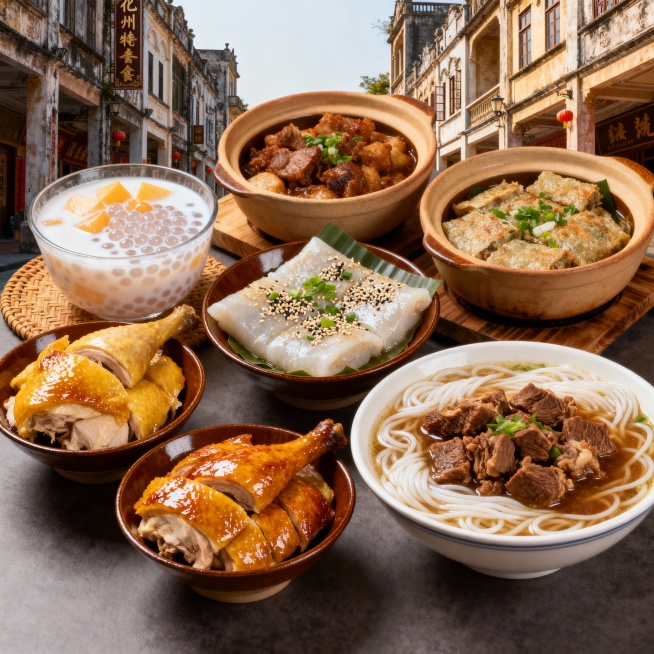 化州特色美食拼盘，香油鸡、椰汁西米露、簸箕炊、牛腩粉整齐摆放，餐具为陶瓷碗碟，背景是古色古香的骑楼街，暖色调灯光，食欲感十足，写实风格”生成图片预览效果