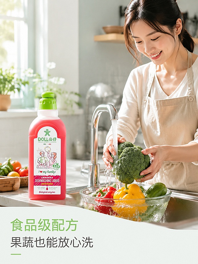 [第5屏] 真人使用页，亚洲女性在厨房使用公仔牌果蔬餐具净清洗果蔬，本屏使用【图1】作为商品主体
[氛围/风格] 真实生活场景，温馨自然生活质感
[元素布局] 产品放在左侧台面，占比约30%，右侧展示女性手部正在流水下清洗新鲜果蔬，动作自然真实；产品外观颜色与原图一致
[光影质感] 厨房窗户自然光，明亮柔和，水花清晰灵动，整体干净通透
[配色色系] 全局底色 #EFF5F0，主色绿色，辅助色果蔬色彩和原木色
[视角构图] 中景构图，左产品右操作场景，阅读动线从左到右
[文字版式] 左下角标题「食品级配方 果蔬也能放心洗」，文字简洁清晰，不遮挡主体
[比例分辨率] 3:4 竖版比例，4K分辨率，文字清晰可辨，高清画质
[负向提示词] 产品变形，人物面部扭曲，文字错乱，背景杂乱，不自然动作