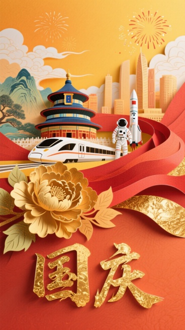 国潮风格插画，以“国庆”为主题，画面主体包含传统建筑天坛、现代高铁、宇航员与火箭，还有带金色纹理和光斑的蜿蜒红色飘带；背景是橙黄色调的天空，点缀烟花、云朵，以及国画风山水和现代化城市建筑群；画面下方有预览效果