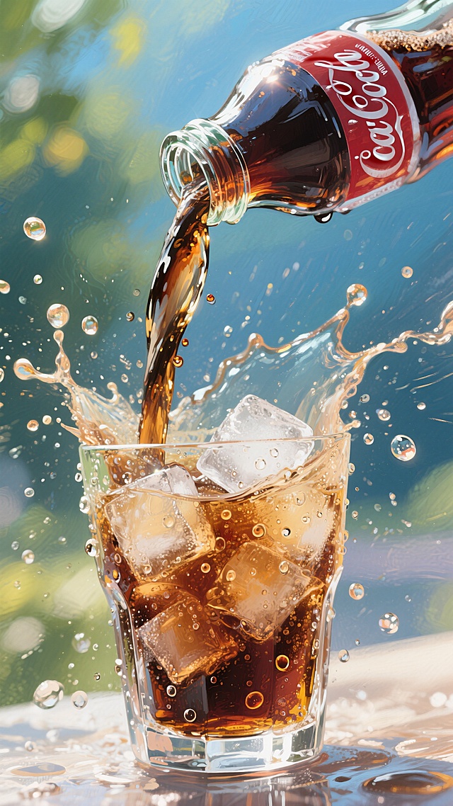 3D液态风设计，清爽感十足，碳酸饮料倾泻而下，冰块碰撞，动感十足。