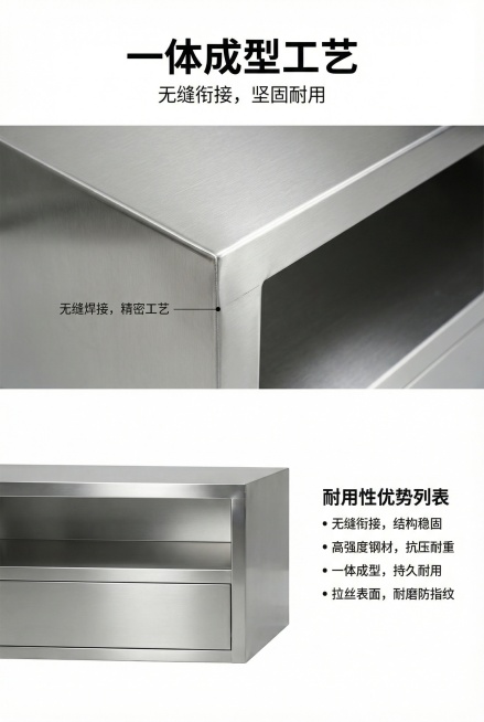 2:3竖屏，严格还原上传的不锈钢储物柜产品图，包括金属拉丝质感、开放式储物格、隐藏式抽屉等所有细节，产品外观必须与参考图完全一致，不得改变包装设计、配色方案或结构元素，保持不锈钢的真实高光金属质感。工预览效果