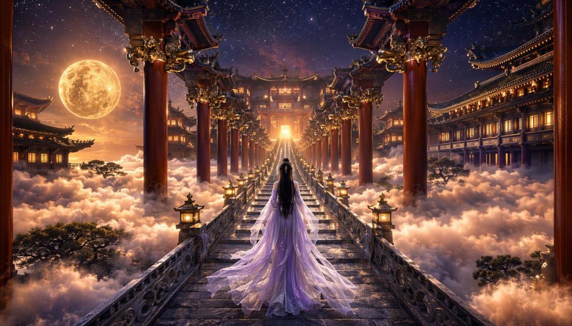 【构图】16:9完美中心对称纵深透视，超长通天石阶笔直向发光主殿延伸，女子行走阶梯中轴线；左右对称巨型红立柱廊道形成强纵深感画框，左侧夜空悬浮满月，步道完全悬空漂浮在云层之上
【人物刻画】完整背影古装预览效果