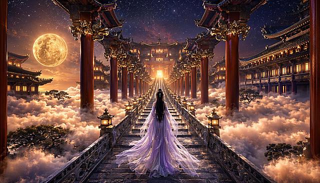 【构图】16:9完美中心对称纵深透视，超长通天石阶笔直向发光主殿延伸，女子行走阶梯中轴线；左右对称巨型红立柱廊道形成强纵深感画框，左侧夜空悬浮满月，步道完全悬空漂浮在云层之上
【人物刻画】完整背影古装女子，乌黑长发垂至腰后，身着通透渐变浅紫广袖拖地薄纱汉服，轻薄纱衣随气流微微扬起，孤身缓步走向尽头灯火大殿
【场景细节】
1. 通天石阶步道：厚重深色仿古石质阶梯，两侧雕刻云纹石护栏，沿路对称摆放复古多层石雕宫灯，阶梯无限延伸至远景发光殿门；
2. 两侧天宫廊道：
对称矗立超高粗大红漆立柱，柱顶悬挂立体鎏金神兽兽首浮雕，立柱支撑多层重檐黑瓦翘角楼阁，檐下布满繁复斗拱木雕；殿宇半浸蓬松云雾，窗内透出暖黄色灯火；
3. 云海浮空地貌：步道两侧铺满蓬松立体暖橙体积云海，云雾层次绵密起伏，云海间隙露出零星苍劲古松树冠，云层底部反射月光与殿宇暖光；
4. 双光宇宙天幕：
画面左侧渐变橙调夜空，悬浮一颗完整暖金色满月，月表布满清晰环形山陨石坑，夜空散落细碎微光星辰；
廊道尽头大殿门洞透出耀眼柔和暖金色室内灯光，光线沿阶梯纵向铺展，冷暖光影对冲
【光影色调】左侧冷调月光银辉、廊道暖金殿灯形成双重光源，云海被同时晕染橙金柔光，浅紫纱衣中和冷暖反差，明暗层次浓郁，氛围神圣孤寂、辽阔磅礴
【渲染参数】UE5电影级8K超写实渲染，浅紫薄纱飘逸通透褶皱肌理、立柱鎏金兽首浮雕精细纹路、石阶石材风化肌理、云海柔和体积雾、满月凹凸环形山地表全部高精度刻画；无畸形人体、无西式科幻机甲建筑、无字幕水印文字、无开裂破损立柱廊檐石阶