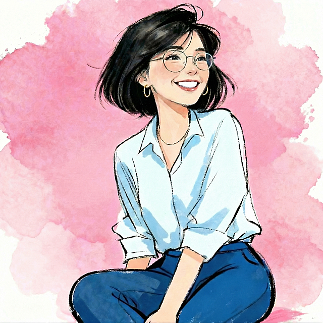 调整眼睛睁开程度，不要眯成一条缝，睁开到和阳光笑容匹配的合适角度，保持耳环尺寸和其他所有内容以及整体水彩风格不变