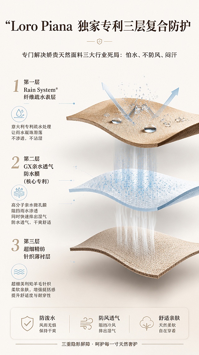 [第3屏] 整体工艺解析-Storm System®独家专利三层复合防护工艺整体介绍。本屏使用【图3】细节做材质参考。[氛围/风格] 科技感+高级感结合，图文并茂，结构清晰，极简奢享风格。[元素布局] 顶部标题区，中间三层结构示意图分层展示，底部核心结论区；每层结构配图标+简短说明，直观展示三重隐形屏障设计，保持桑蚕丝面料质感与原图一致。[光影质感] 分层打光，每层结构清晰可见，整体明亮通透，质感高级。[配色色系] 全局底色 #F5F1EB；主色卡其面料色；辅助色浅蓝辅助图形，深棕文字。[视角构图] 纵向信息排版，从上到下逐层阅读，动线清晰。[文字版式] 顶部主标题「"Loro Piana 独家专利三层复合防护"」，副标题「"专门解决娇贵天然面料三大行业死局：怕水、不防风、闷汗"」，三层结构分别标注："1 第一层 Rain System® 纤维疏水表层"、"2 第二层 GX亲水透气防水膜（核心专利）"、"3 第三层 超细精纺针织薄衬层"；文字简洁，分层清晰，信息可读性强。[比例分辨率] 9:16竖版比例，4K分辨率，文字清晰可辨，高清画质。[负向提示词] 结构示意图变形，文字重叠，颜色偏差，水印，背景杂乱。