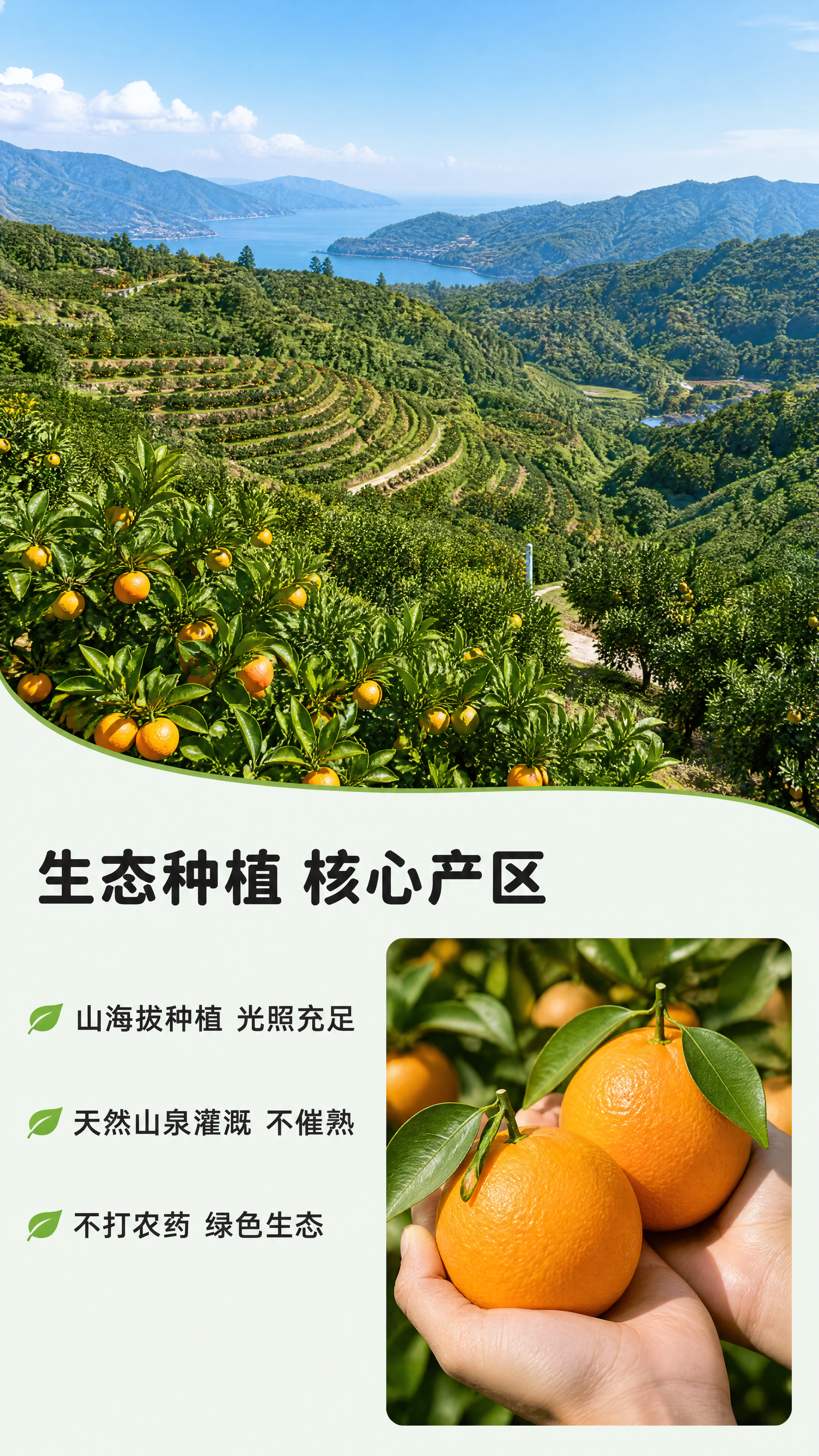[第2屏] 详情页产地卖点图-橘子生态种植展示。 [氛围/风格… - 图片创意预览