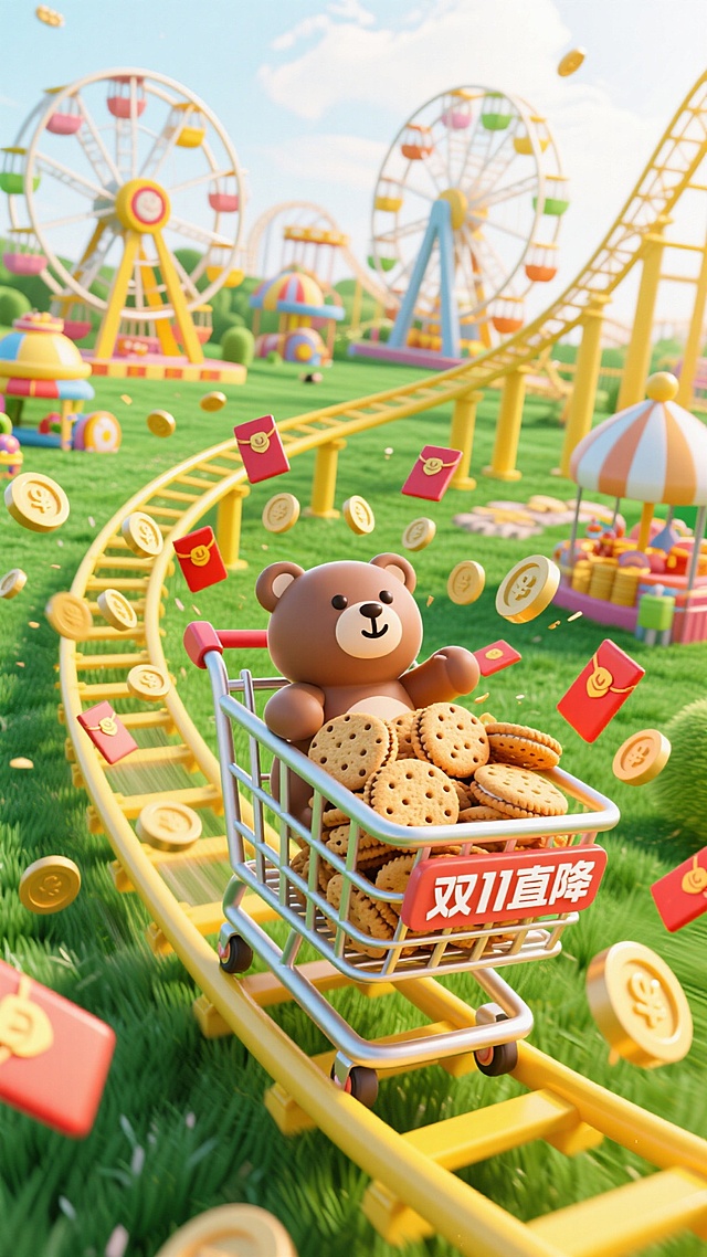 主视觉为装满饼干的购物车在黄色过山车轨道上快速滑行，购物车上写“双11直降”，背景包含摩天轮、游乐设施。草地上有小熊。很多红包和金币在购物车旁呈放射性从远处向屏幕前来。