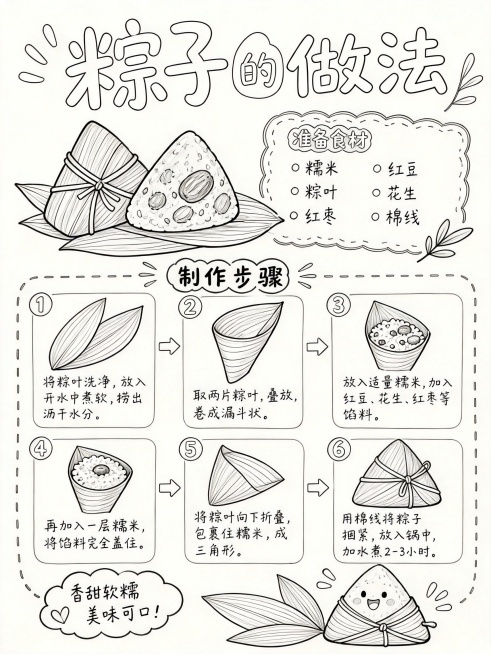将这张粽子做法手抄报转为浅色线稿图，去除所有填充色彩，只保留浅黑色轮廓线条，保持原布局和所有文字步骤内容不变预览效果
