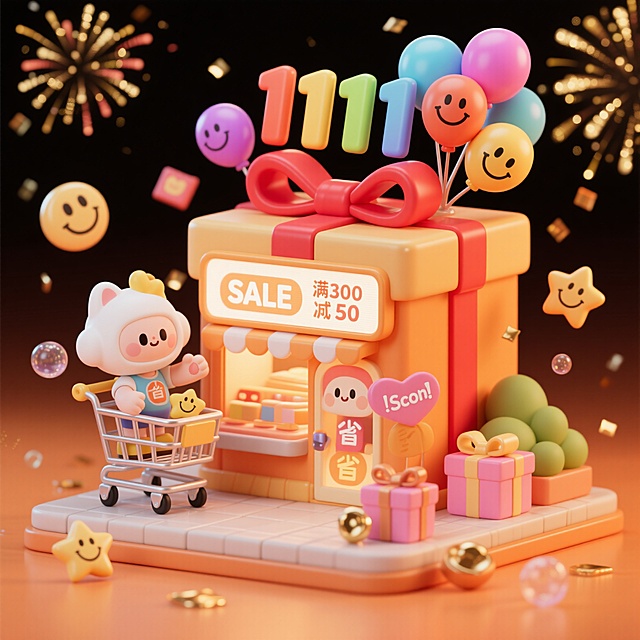 3D卡通微缩景观风格双11促销插画，暖橙色背景，礼盒造型店铺顶部系大红蝴蝶结，上方渐变色彩'1111'气球与彩色笑脸气球群，店铺屏幕显示'SALE'和'满300立减50'，左侧推购物车Q版卡通人物，周围点缀笑脸星星、粉色礼盒及'秒''省'气泡元素，背景有烟花和金色闪光粒子，整体氛围热闹欢快，童趣感与购物狂欢促销感强烈。