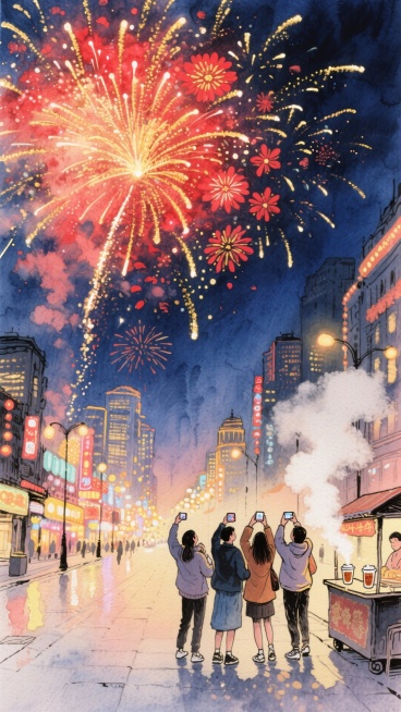 整个画面铺满金红交织的盛大跨年烟花，占画面 2/3，下方是霓虹闪烁的城市步行街，三五好友并肩站在路边举着手机拍摄烟花，身旁是叫卖热饮的小摊，背景是泛着暖光的城市建筑轮廓深蓝夜空预览效果